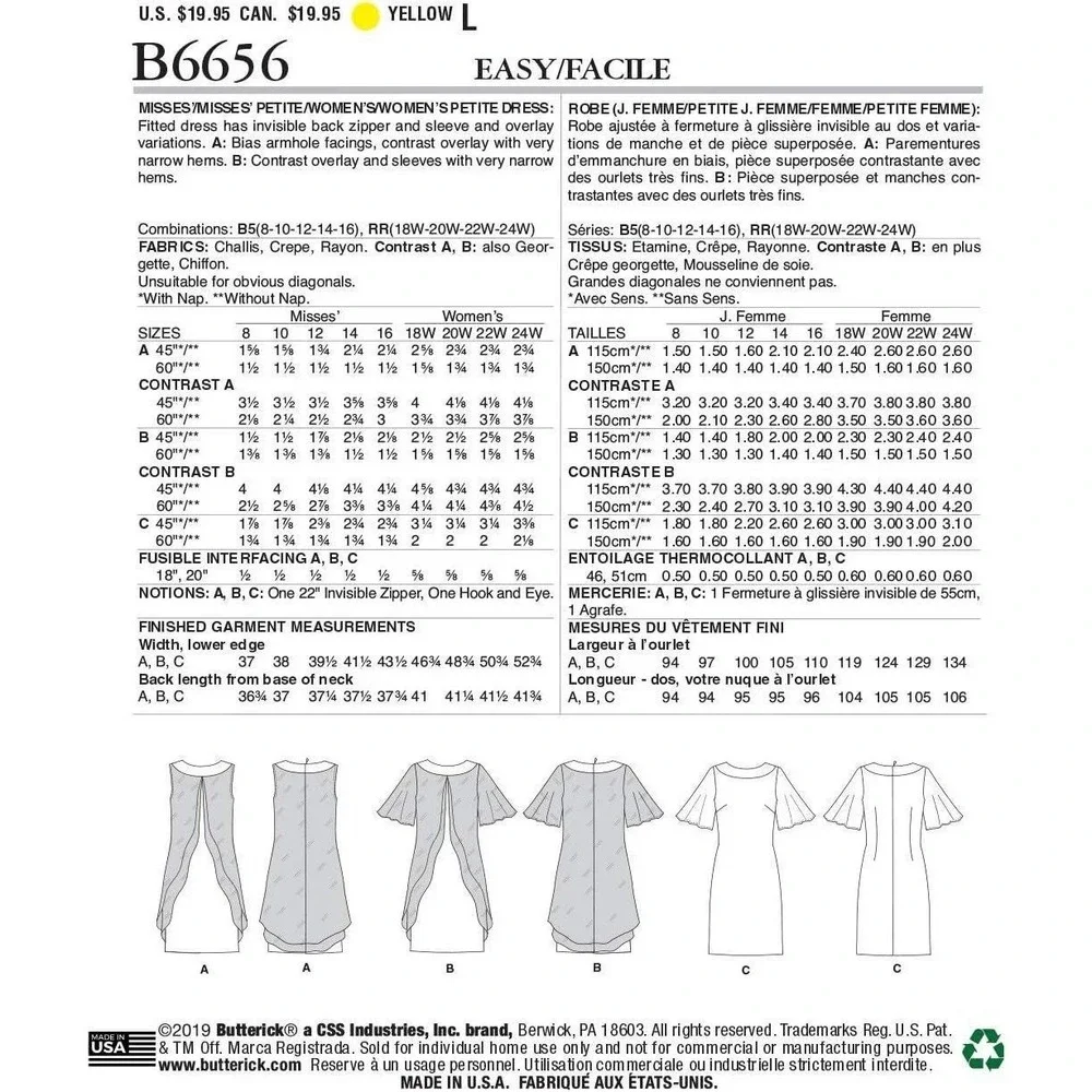 Butterick B6656 Dress Sewing Pattern Women‎ Size 18W-24W Easy Overlay Fitted
